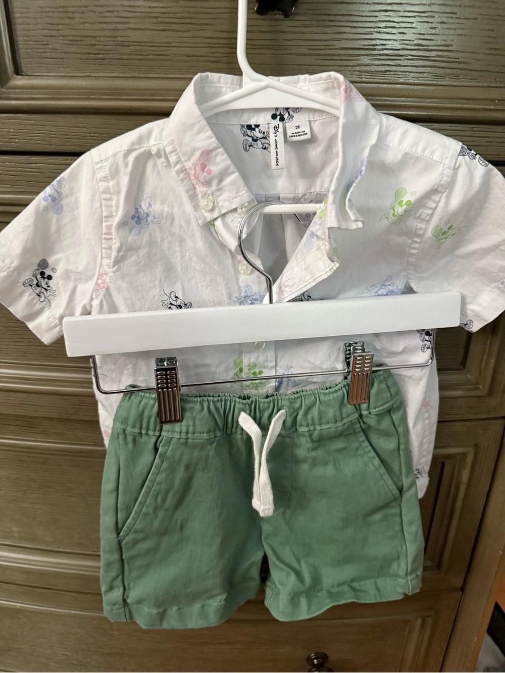 Janie and Jack White Short-Sleeve Button Shirt with Green Shorts